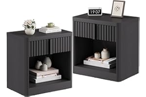 HARPAQ Fluted Nightstand Set of 2 with Charging Station, 23.6" Wood End Table with Solid Wood Handle, Curved Profile Design, Mid Century Moden Bedside Table for Bedroom, Living Room, Black