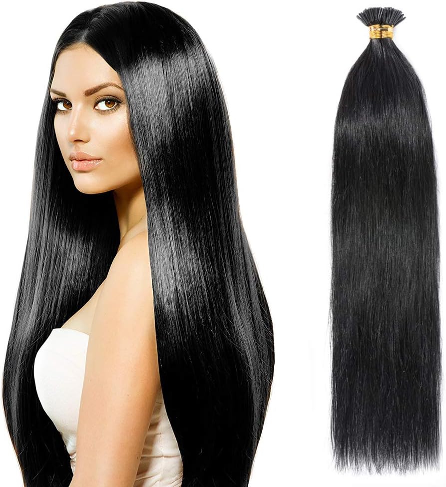 Elailite I Tip Hair Extensions 100 Strands Pre Bonded Stick Tip Keratin Real Remy Human Hair Extension Straight, #1 Jet Black