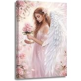 ZSHARTSWD Angel Wall Art Pink Angel and Wings Pictures Abstract Girl with Rose Flowers Canvas Print Elegant Woman Paintings f
