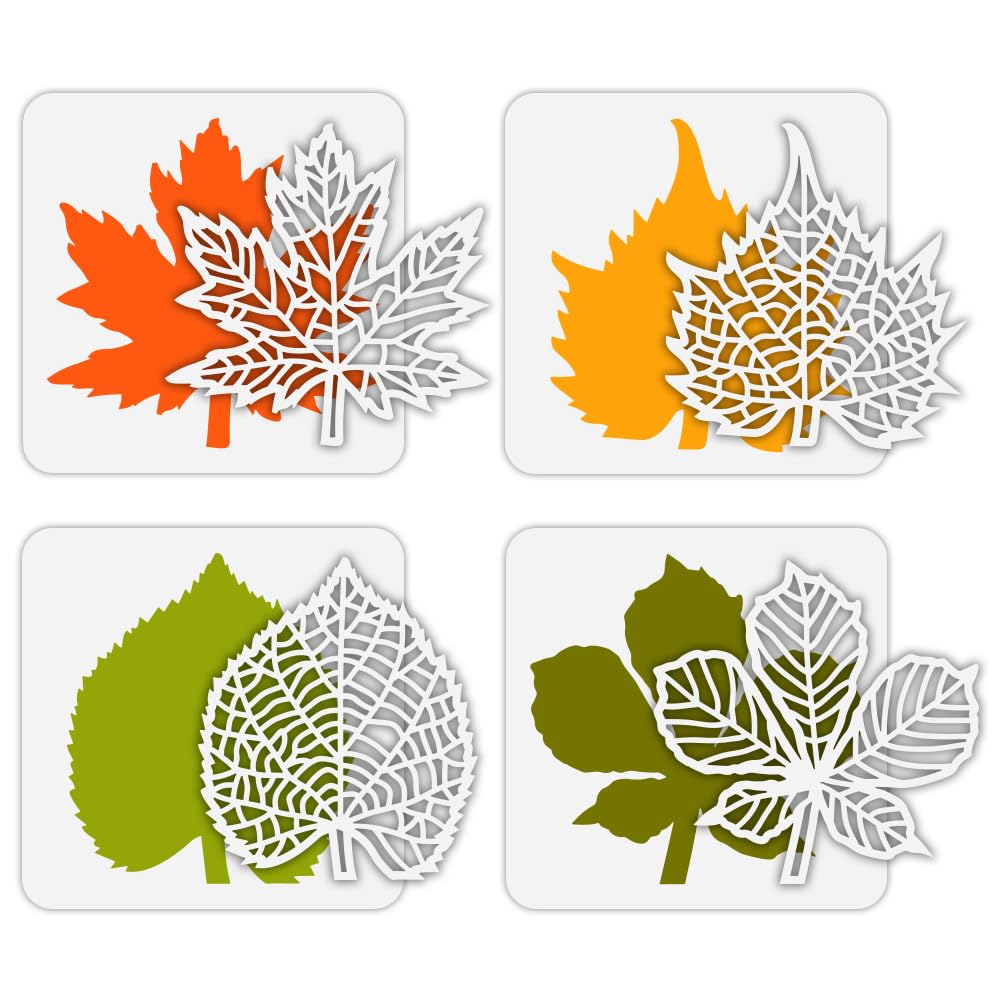 FINGERINSPIRE 4 Pcs Layered Leaves Stencil 15x15cm Detachable Leaves Plastic Maple Leaf Skull Leaf Patterns Reusable DIY and Art Craft Stencils for Painting Home Decor