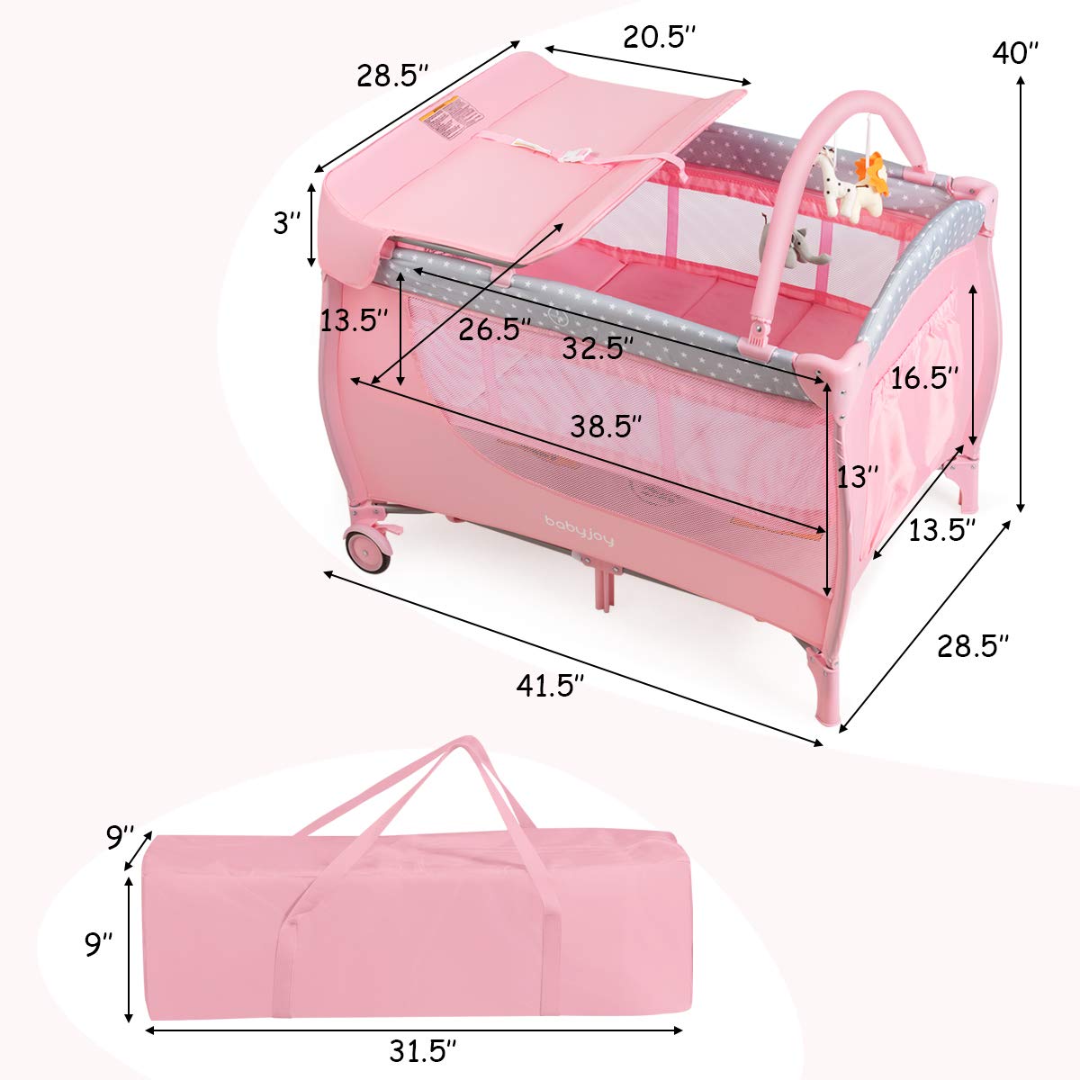 BABY JOY 3 in 1 Pack and Play, Foldable Baby Travel Crib with Bassinet, Changing Table, Brake Wheel, Convertible, Newborn Napper with Storage Shelf, Oxford Carry Bag, Portable Baby Playard