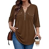 Amrto Plus Size Tops for Curvy Women Zip Front V Neck Shirts Business Casual Blouse Work Interview Dressy Clothes(XL-5XL)