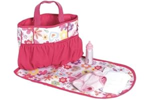 Adora Baby Doll Diaper Bag with Sturdy Straps, Includes Changing Mat and 2 Doll Diapers (Fits 13" Dolls), Birthday Gift for Ages 3+ - Pink Flower Power