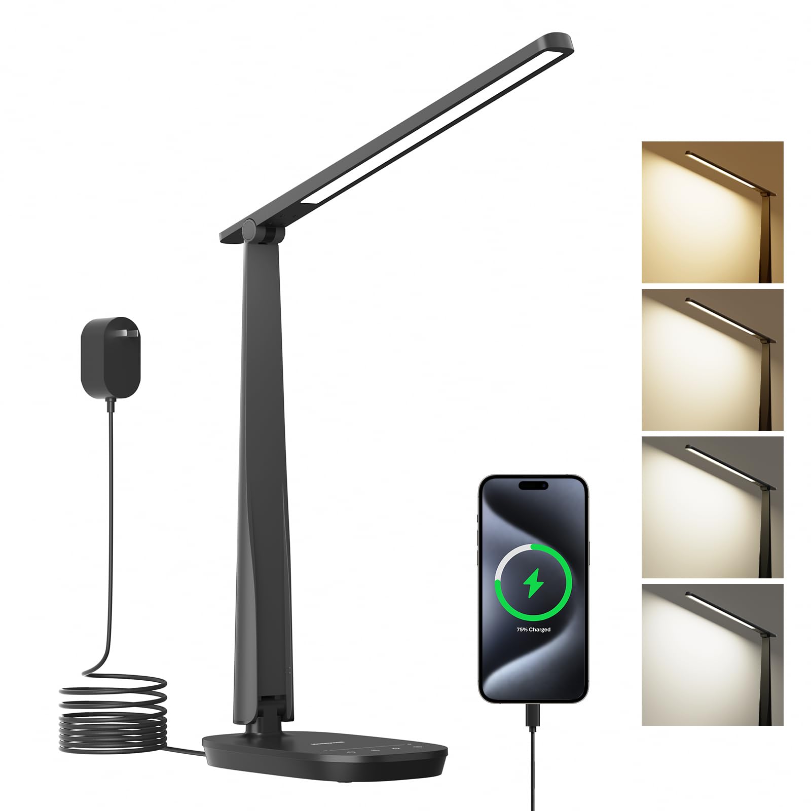 Honeywell LED Desk Lamp for Home Office, Eye-Caring Light with 4 Color Modes & Touch Control, USB A+C Charging Ports, Adjustable Rotating Head with Timer for Reading, Bedroom & Small Desks
