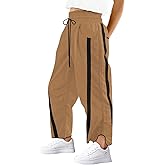 aswulk Womens Wide Leg Pants Baggy Drawstring Elastic Waist Stripe Casual Track Pants