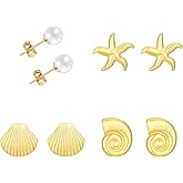 Starfish Seashell Earrings Pearl Conch Stud Earrings Summer Ocean Beachy Vacation Beach Earrings Set 4 Pairs