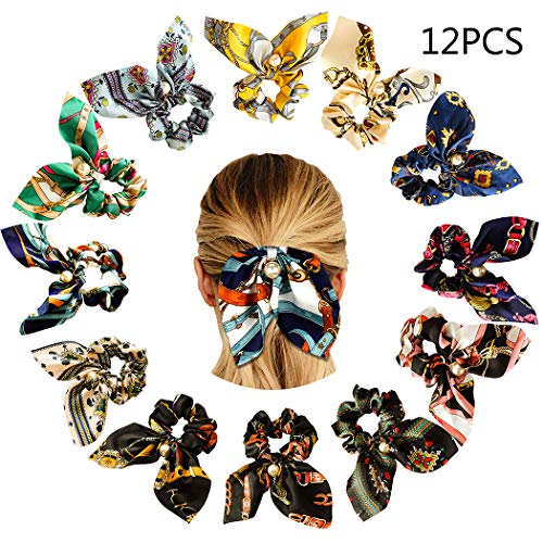 WillingTee 12 Pack Big Bow Hair Scrunchies Chiffon Elastic Hair Bands Bowknot Pearls Hair Ties Ponytail Holder Silk Scrunchies Hair Accessories for Women Girls Ladies