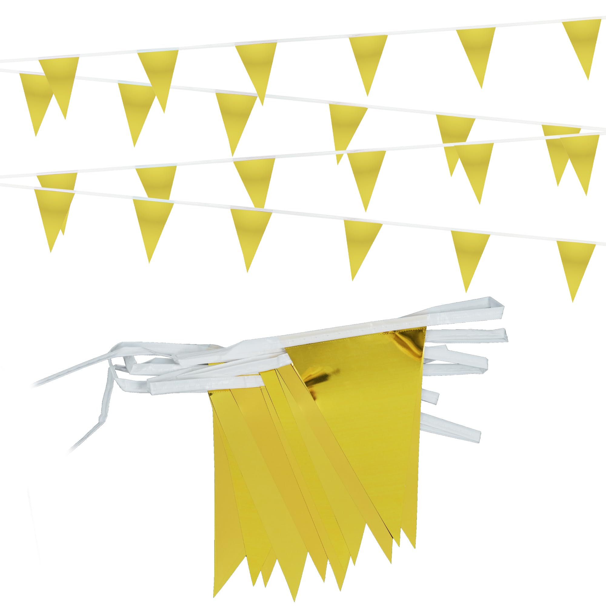 Gold Bunting Banners- GREATRIL Bunting Outdoor Waterproof Plastic Golden Garland Flag for Birthday Graduation Festival Retirement Christmas New Years Party Decorations 48 Flags