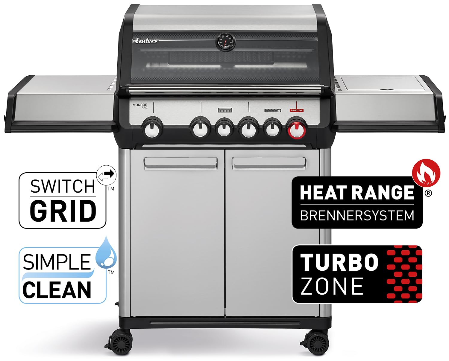 Enders® Gasgrill MONROE PRO 4 SIKR TURBO, 4-Edelstahlbrenner, Seitenkocher, Infrarot-Backburner, Sichtfenster, HEAT RANGE™, SWITCH GRID™, 800 °C TURBO ZONE™, SIMPLE CLEAN™, #8362 2