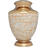 Mother of Pearl Hand Made Brass Funeral Urn - Cremation Urn for Human Ashes - Suitable for Cemetery Burial or Niche - White and Gold - Large Size fits remains of Adults up to 200 lbs
