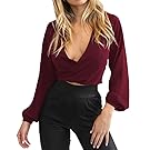 MOLFROA Womens Sexy Wrap Chest Deep V-Neck Long Sleeve Chiffon Backless Tie Crop Top Short Blouses Shirts (S, Wine Red)