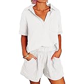 Dokotoo Women's Two Piece Outfits V Neck Short Sleeve Shirts and High Waist Shorts Lounge Sets