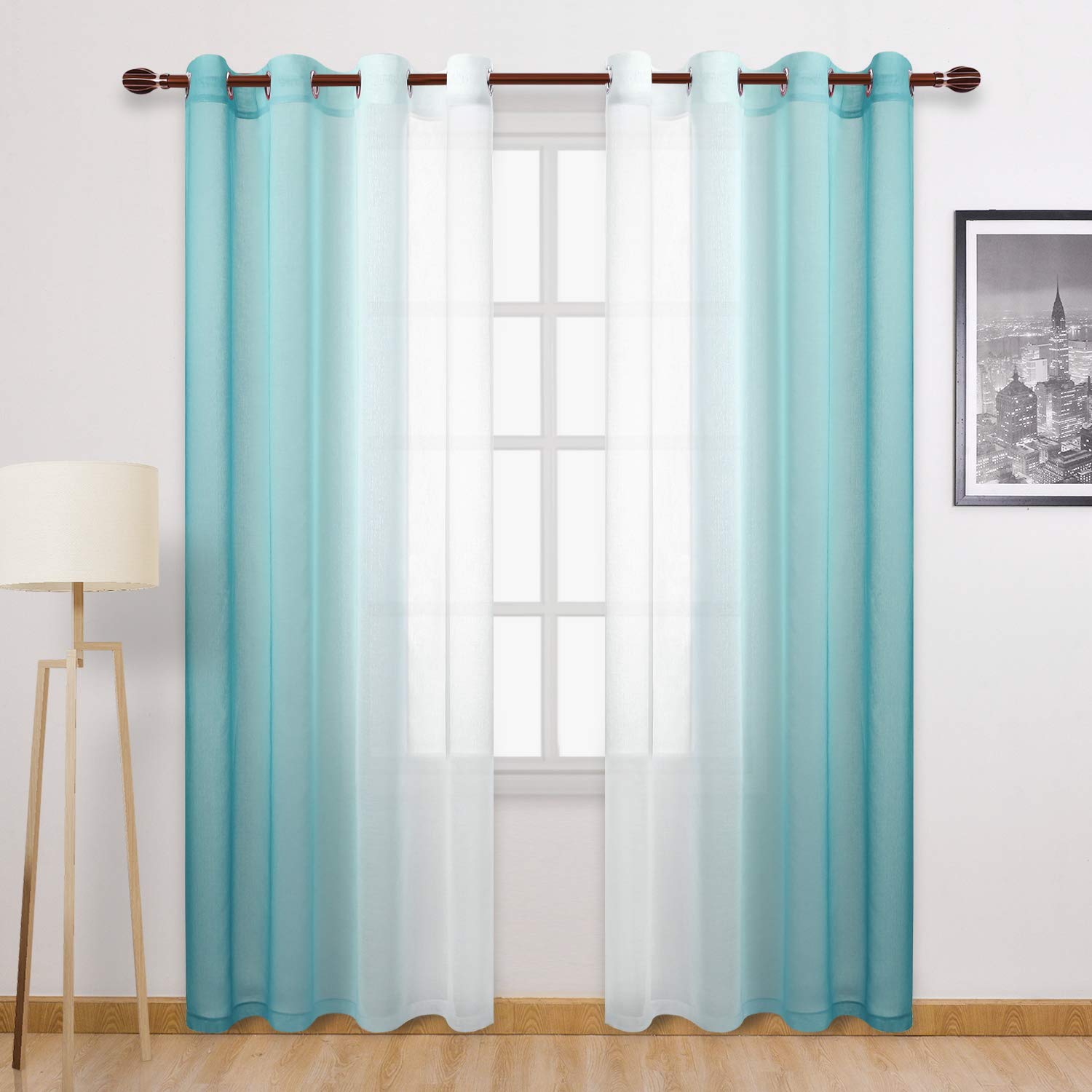 DWCN Teal Ombre Sheer Curtains - Faux Linen Gradient Semi Voile Grommet Top Bedroom and Living Room Curtains, Set of 2 Window Curtain Panels, 52 x 96 Inches Long
