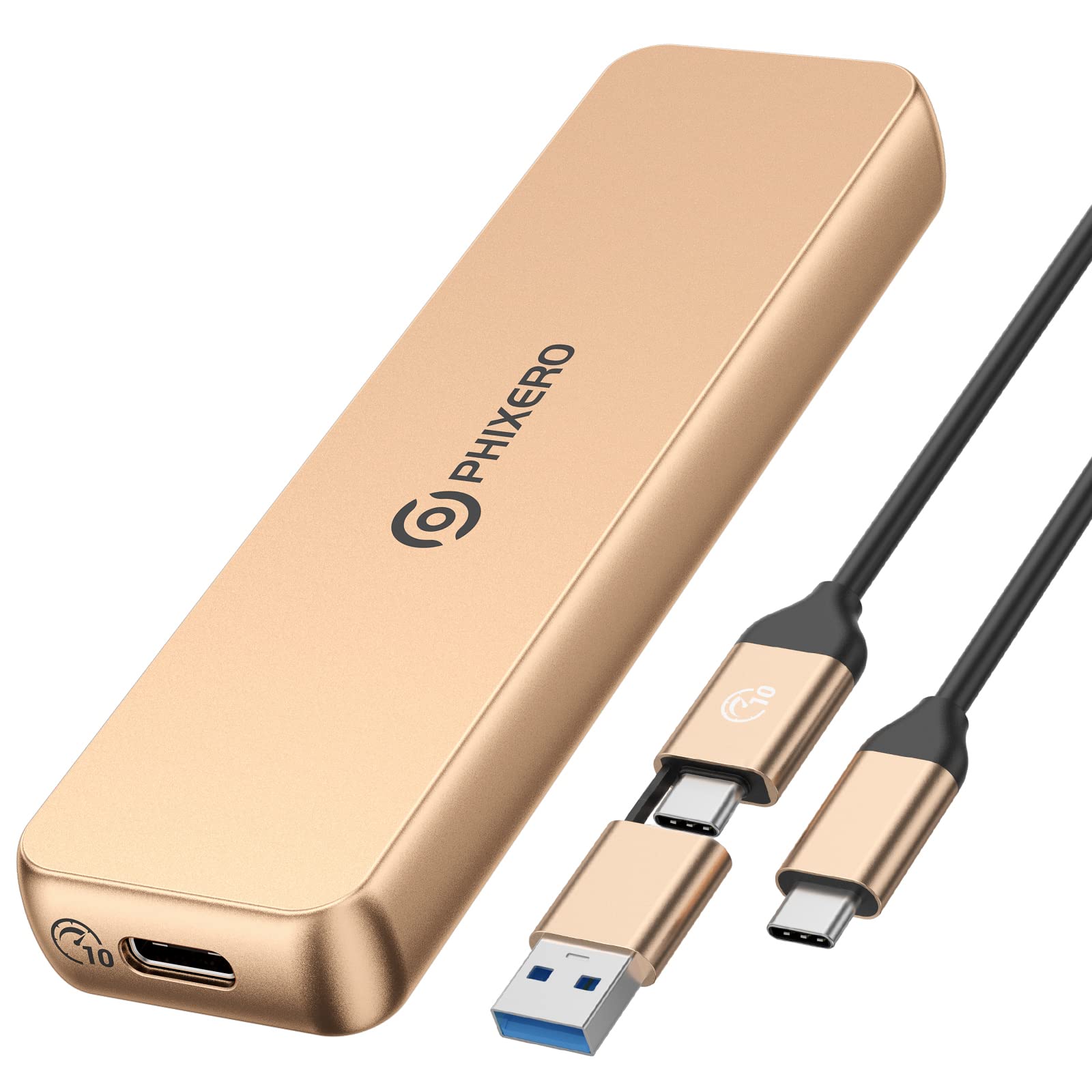PHIXERO M.2 NVME SATA SSD Enclosure Adapter with UASP Trim, Triple Heat Dissipation M.2 Enclosure, USB C 3.1 Gen 2 10Gbps NVME, 6Gbps NGFF SATA, Aluminum Case for 2230/2242/2260/2280 SSD, Gold