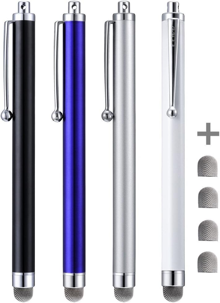 Stylus Pens for Touch Screens including Tablets and Smartphone + 4 Extra Replaceable Hybrid Fiber Tips (White, Black, Silver, Blue, Pack of 4, 12.6CM)