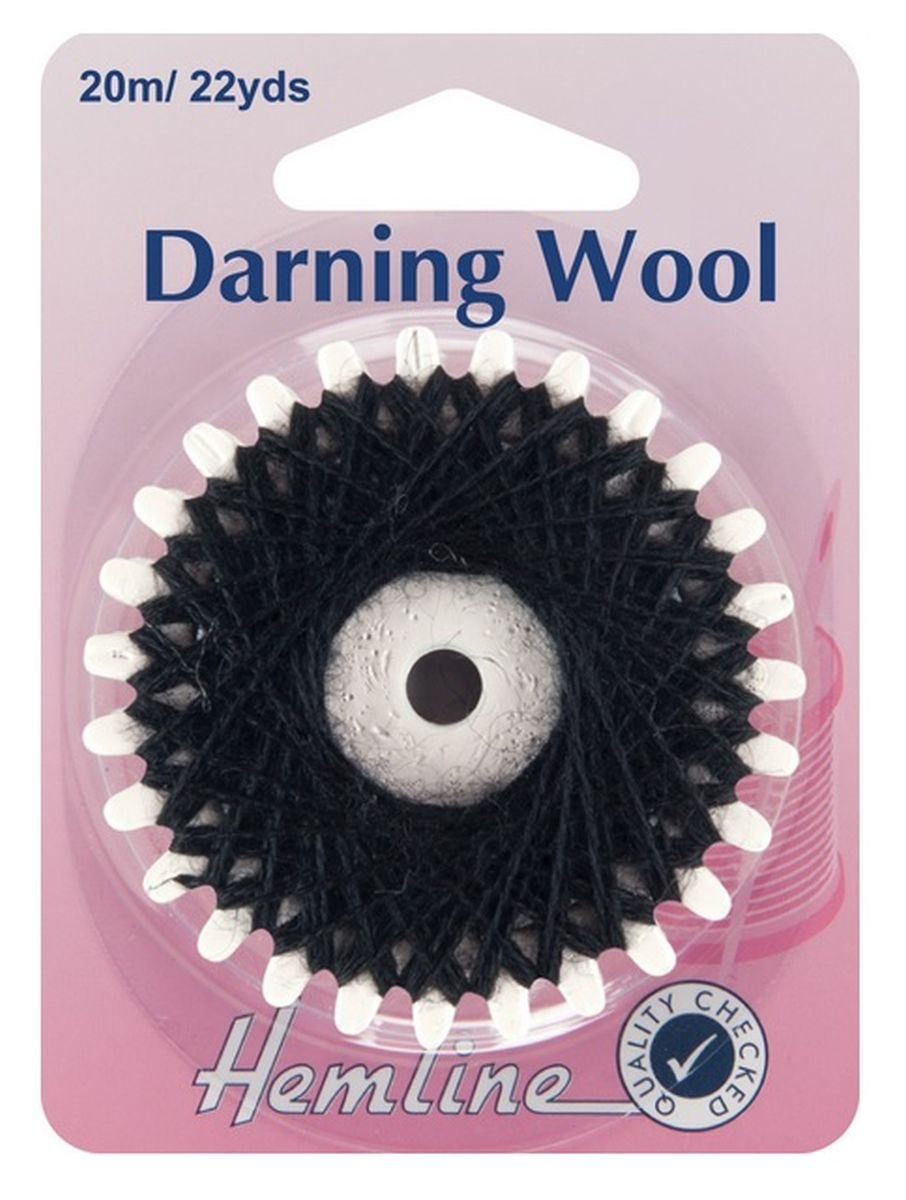 Hemline Darning Wool 20m – Black, Durable Yarn for Sock and Pullovers Repairs. Needle Work and Clothing Maintenance 30% Natural Wool, 70% Polyester Acrylic Washable