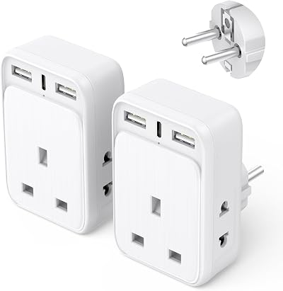 Aodeng UK to EU Travel Adapter 2 Pack with 3 USB Ports Type E/F Shaver Adapters