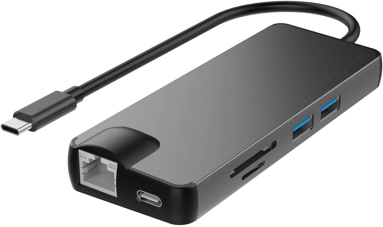 XBBS USB C Hub, Type C Adapter, 8 in 1 USB-C Thunderbolt 2 Hub 4K HDMI Output, USB-C Pass-Through Charging, VGA Port SD Card Reader 2 USB 3.0 Ports for MacBook, Google Chromebook (Space Gray)