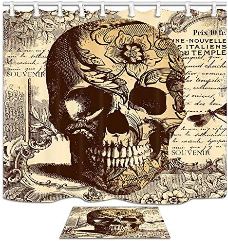 Shocur Skull Shower Curtain Set, Unique Vintage Art Painting, Bathroom Decor Polyester Fabric 69 x 70 Inches Funny Theme Bath Curtain with 12 Hooks and Non-Slip 40 x 60cm Bath Rug