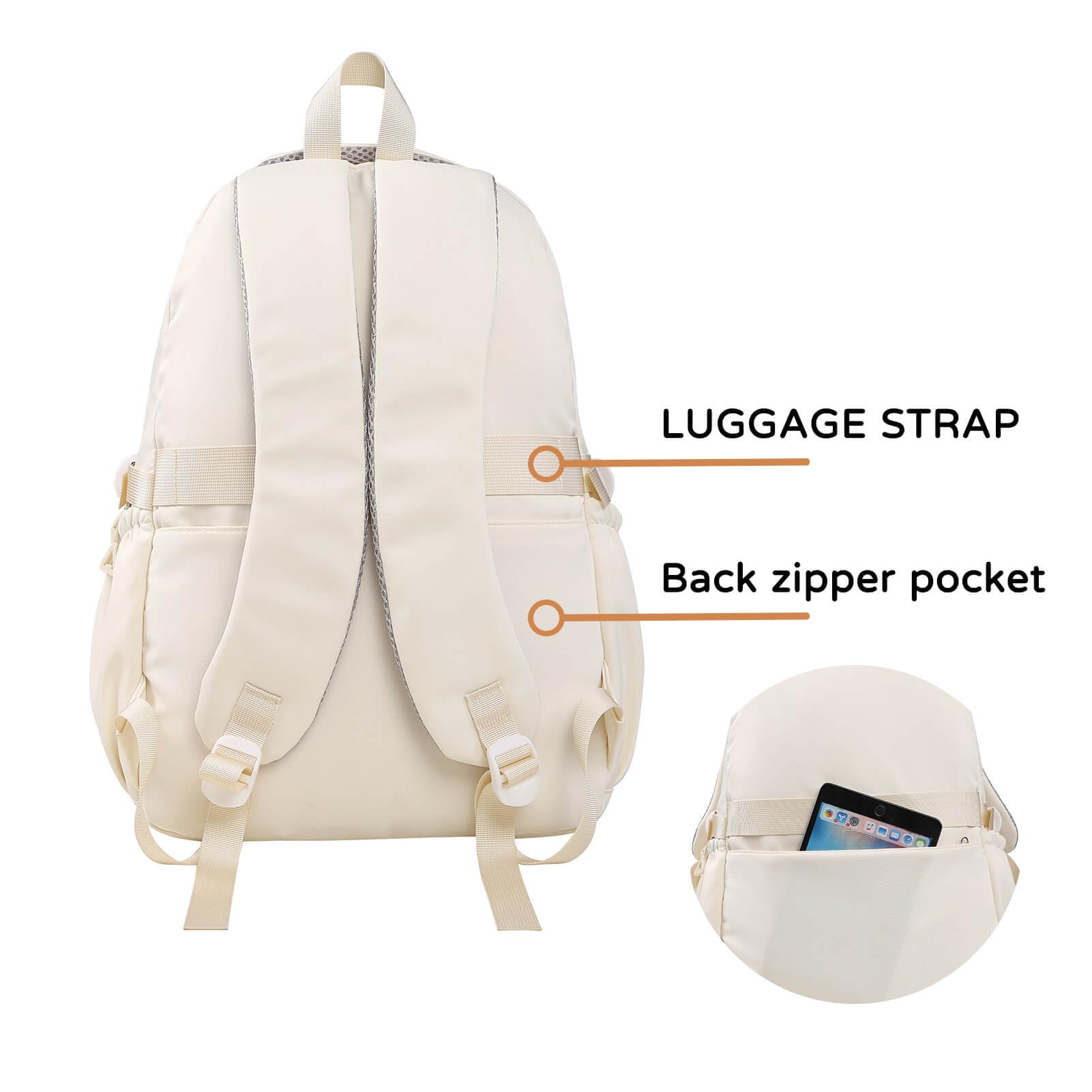 Phaoullzon Teen Girls School Backpack for Boys, College Aesthetic Laptop Bookbag for Women,Beige
