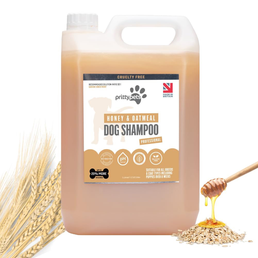 Oatmeal Dog Shampoo PRITTY PETS 5 LITRE Oatmeal Shampoo for Dogs - Professional PH Balanced, Cruelty Free, Silicone & Paraban Free, Puppy Friendly Dog Grooming Shampoo - Made in the UK (5L)