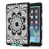 iPad Air Case, Hocase Rugged Shock Absorbent Hybrid Double Layer Hard Rubber Protective Case Cover with Stylus for Apple iPad Air (2013 Release) - Black Flower Print / Mint Green