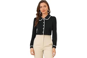 Allegra K Women's Casual Peter Pan Collar Contrast Shirt Tops Puff Sleeve Work Blouse