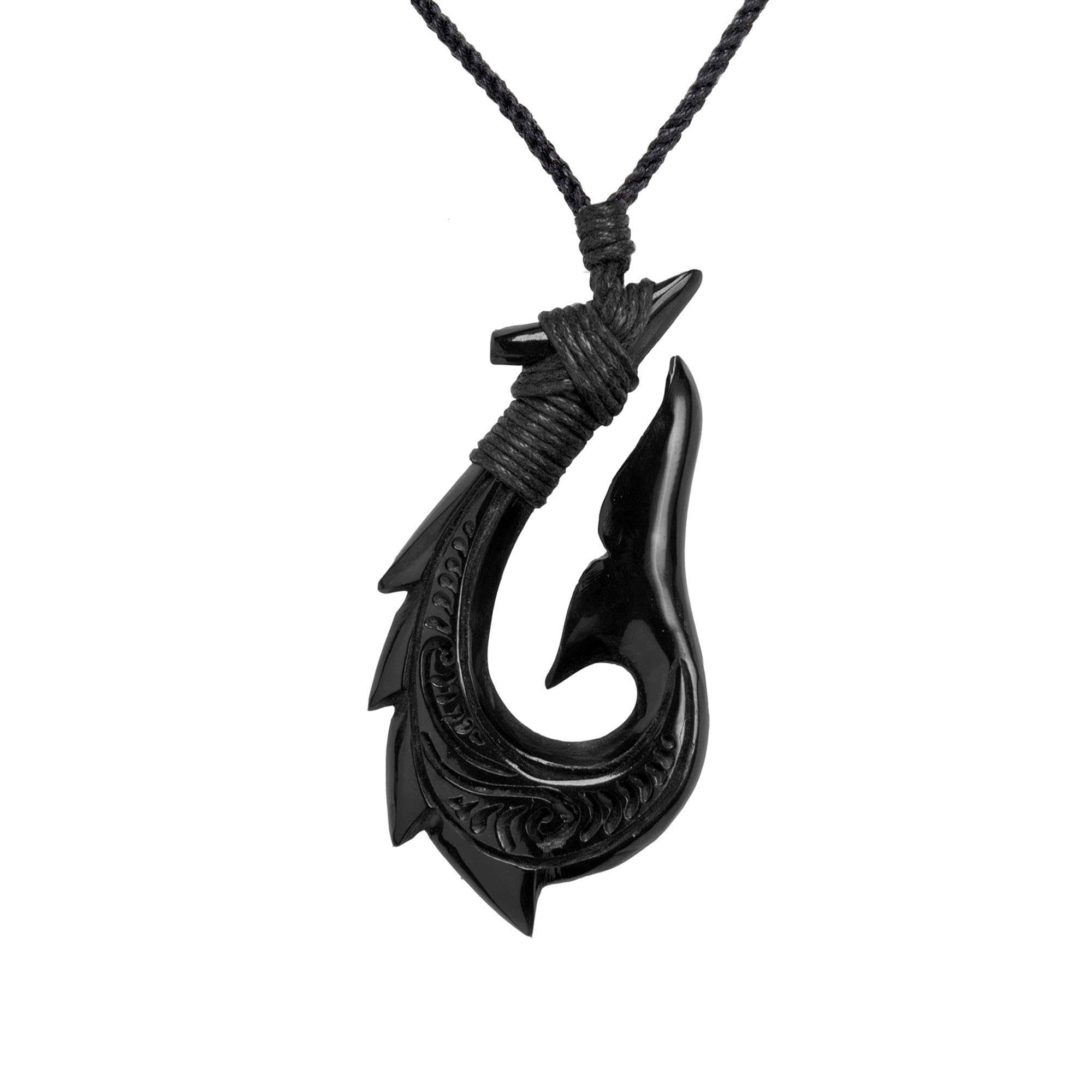 81stgeneration Hand-Carved Horn Large Jagged HEI Matau Whale Tail Pendant - Men's Taonga Surfer Accessory - Handmade Tribal Black Fish Hook Necklace - Maori-Style Amulet - Natural Jewellery for Women