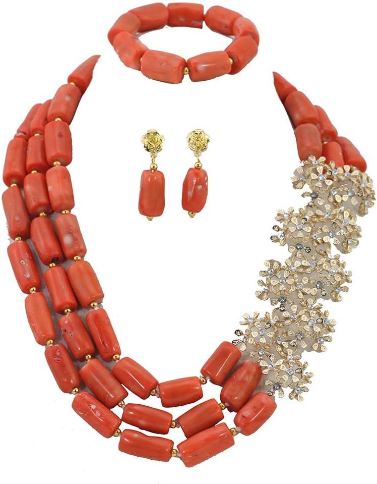 3-Row Orange Costume African Beads Jewelry Set Nigerian Coral Beads Wedding Necklace