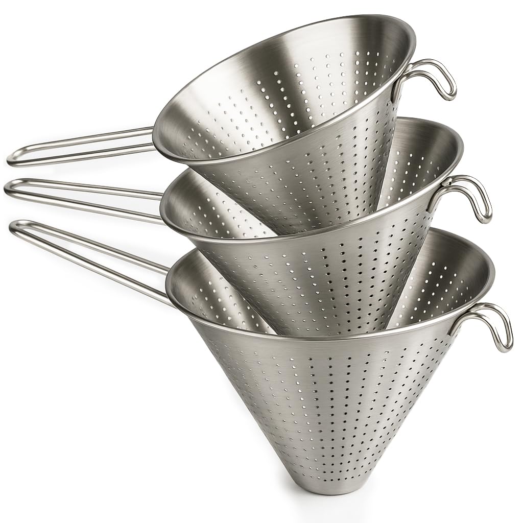Arga - Set of 3 Perforated Chinese Strainer - 'Chinese' Colander - Stainless Steel Colander - Silver - Ø 14, 16 & 20 cm