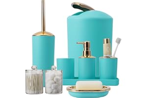 BSSN Bathroom Accessories Set Teal 9 Piece, Trash Can, Soap Dispenser and Dish, Toilet Brush, Toothbrush Holder, Tumbler, Tray, Cotton Swab Container, Countertop Organizer and Housewarming Gift