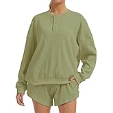 AnotherChill Women's Oversized Waffle Knit Lounge Set Long Sleeve Sweatshirt and High Waisted Shorts 2 Piece Casual Outfit