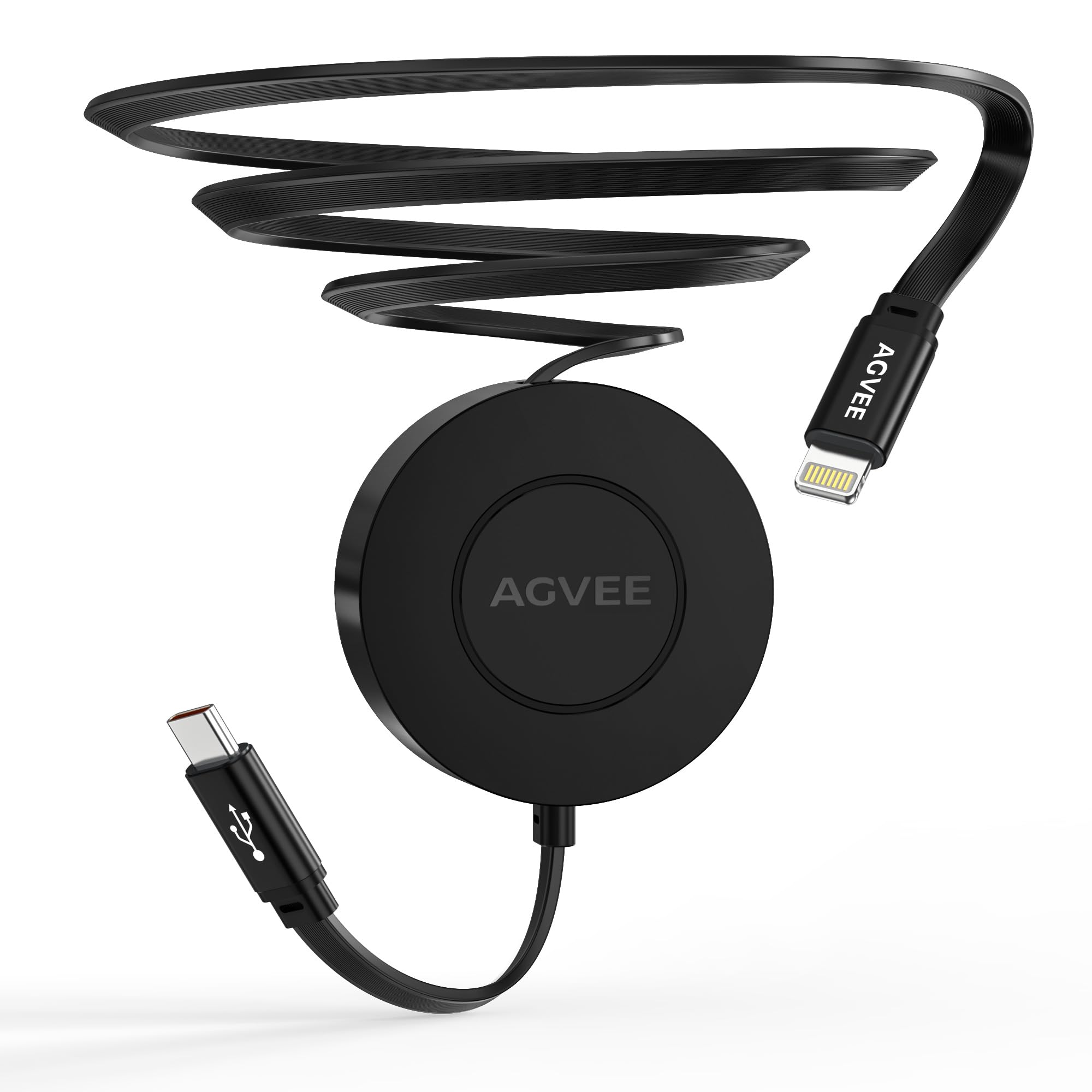 Photo 1 of AGVEE 0.3ft Fixed / 2.3ft Extend USB-C to Lightning Charger Cable Mountable One Way Retractable 27W Fast Charging Cord, Pocket-Sized for iPhone 14 13 12 11 XS, Desk Organizer, Black