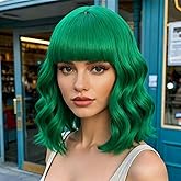 HWHRGL Green Wigs with Bangs for Women 14 Inch Short Wavy Bob Wigs With Bangs Synthetic Bob Wig Curly Wig Heat Resistant Colorful Wavy Wig for Cosplay Daily Party Use Halloween Wigs
