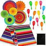 Aneco Fiesta Party Supplies Mexican Table Runner Cotton Fringe Table Runners Mexican Colorful Paper Fans and Neon Maracas Shakers Mini Noisemaker for Mexican Party Decorations