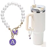 LUHOHI Letter Charm for Stanley Cup，Pearl Chain Accessories Stanley Cup Initial Charms for Handle Stuff Decor Water Bottle Jewelry Tumbler Cute Personalized Name ID Decorations Purple Tag A