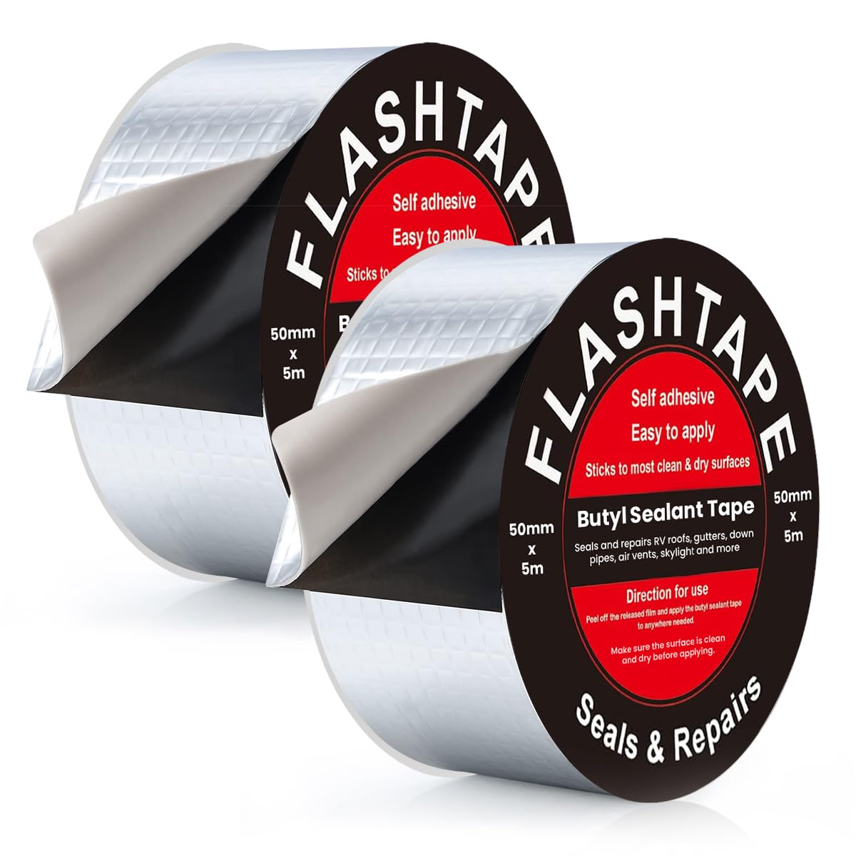 Pack of 2 Butyl Tape for Repair Roof Leaks and Cracks- 50mm(W) x 5Meter (L) Strong Waterproof Aluminum Sealant Flash Tape for Sealing Roof, Gutter, Tanking, Leaking Pipe Repair Tape