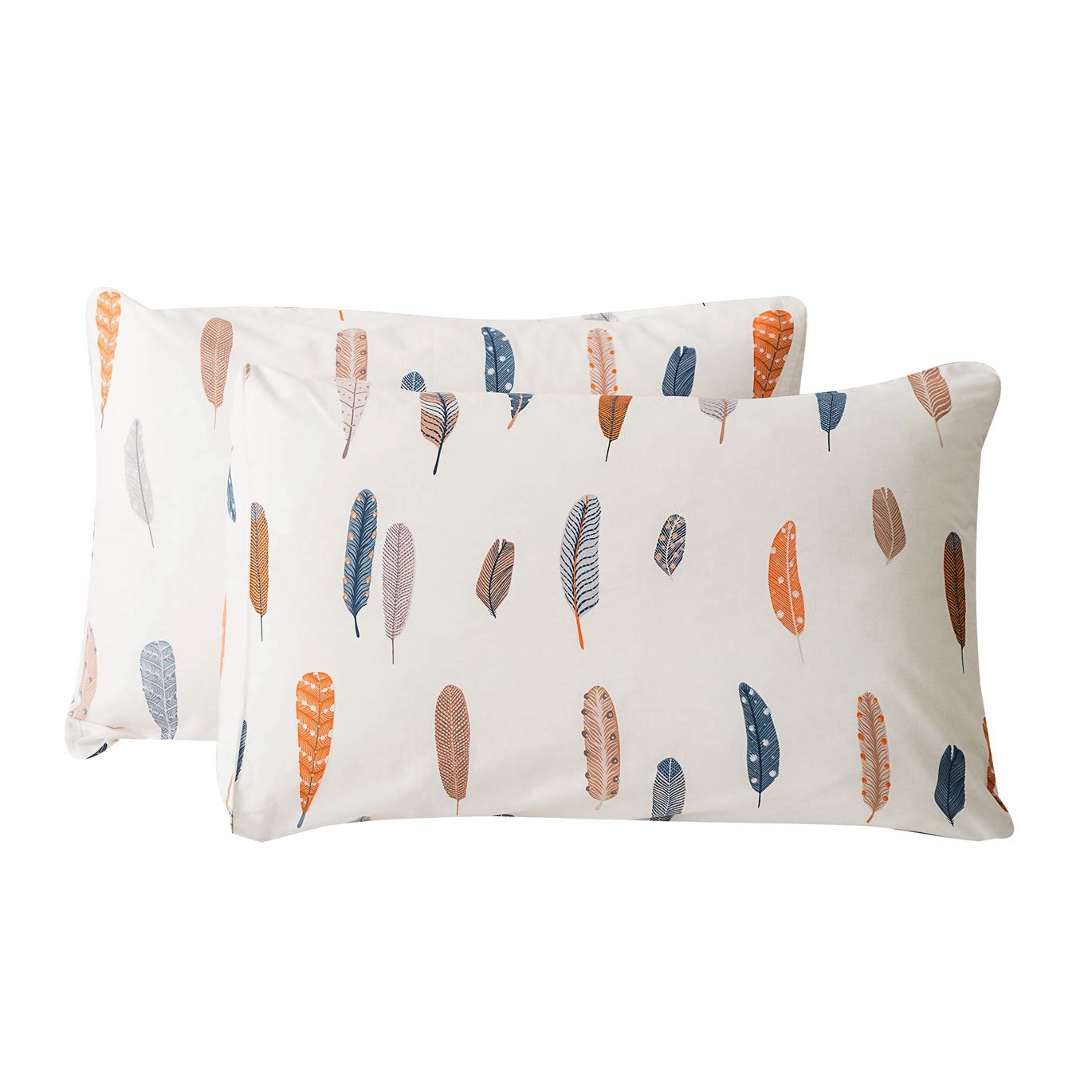 SUSYBAO 100% Cotton Pillowcases Queen Size Set of 2 Colorful Feather Print Bed Pillow Covers Envelope Closure End Pillow Protectors Soft Breathable Lightweight(2 Pack, 20 x 26 inch)