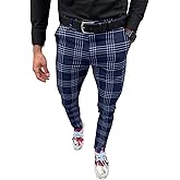 Men's Fashion Stretch Dress Pants Slim Fit Plaid Pants Business Suit Pants Casual Golf Pants