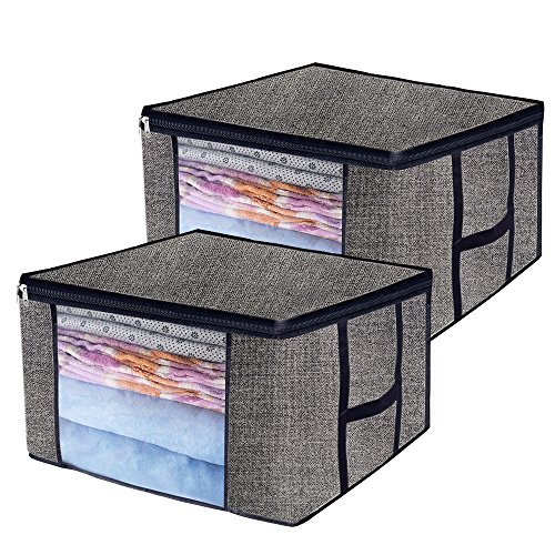 Comforter Storage Bags Blankets Containers, Large Breathable Clothes Closet Organizers, Create Extra Storage with Clear Window, Set of 2 Black