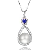 Veshon Heart Birthstone Pearl Pendant Necklace, 925 Sterling Silver Infinity Necklace with 10mm Freshwater Cultured Pearl & 4mm Gemstone Jewelry for Women