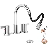 Phiestina Pull Down Sprayer Brushed Nickel Widespread Bathroom Sink Faucet, 8 Inch 2 Handles 3 Hole Pull Out Bathroom Faucet,with Pop Up Drain and Water Supply Line,BF04022-K01-GBN