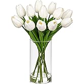 DILATATA 12 Pcs Artificial Real Touch Tulips Flowers in Glass Vase with Faux Water, Tulips Fake Arrangements White Tulips with Vase for Dining Table Home Decor Wedding Centerpieces