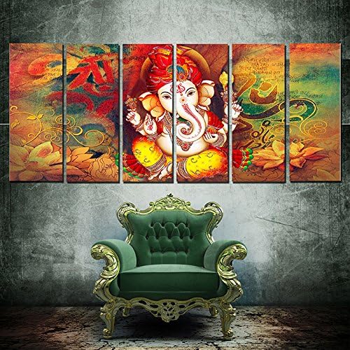 RAY DECOR parkling Ganesha Wall Painting with 6 Frames (Multicolour, 54x24-inch)