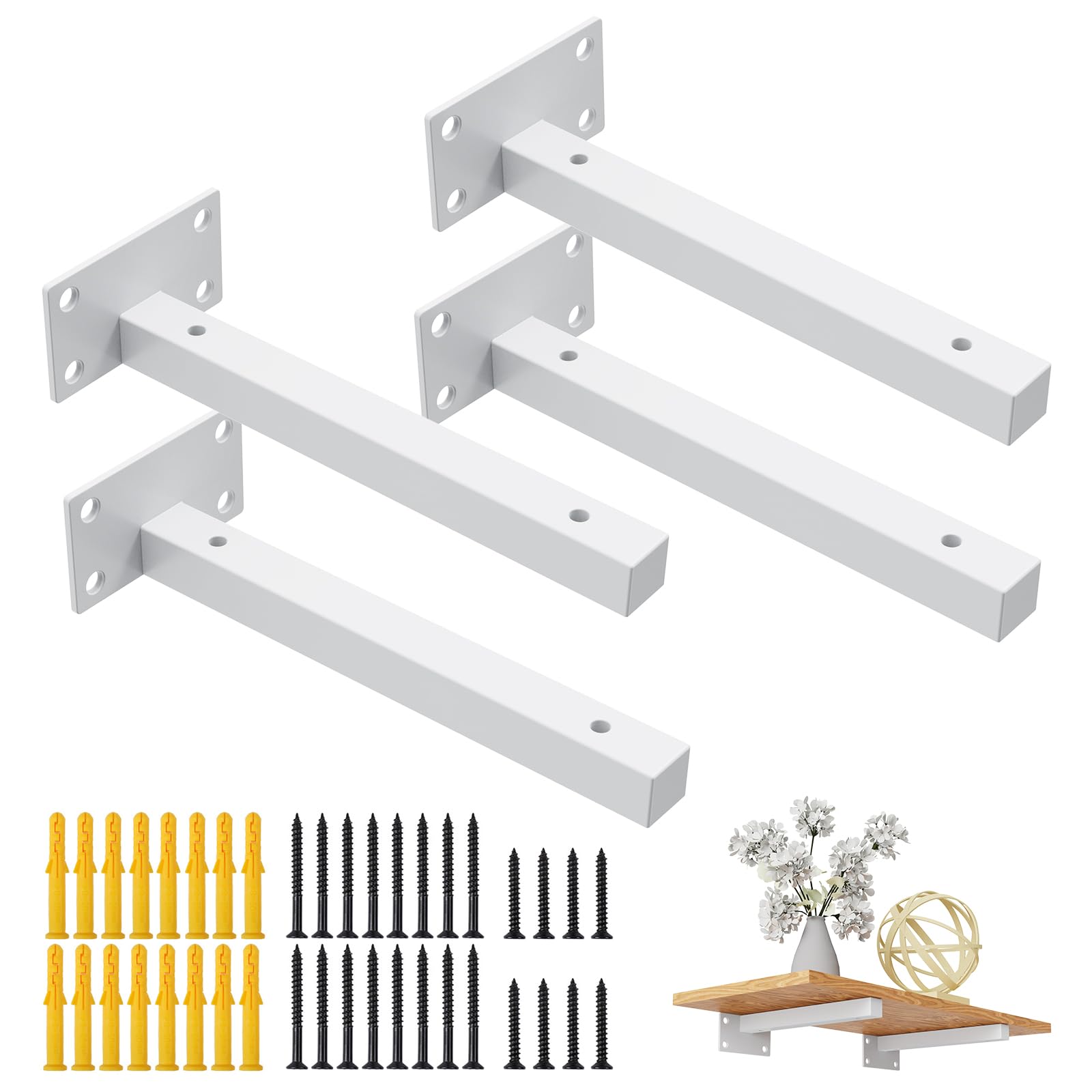 4 Pieces Heavy Duty Shelf Brackets, Wall Shelf Brackets, Industrial Shelf Brackets, Metal Floating Shelf, Mounted for Vintage Style Shelves, Shelf Support, White (8 in/20 cm)