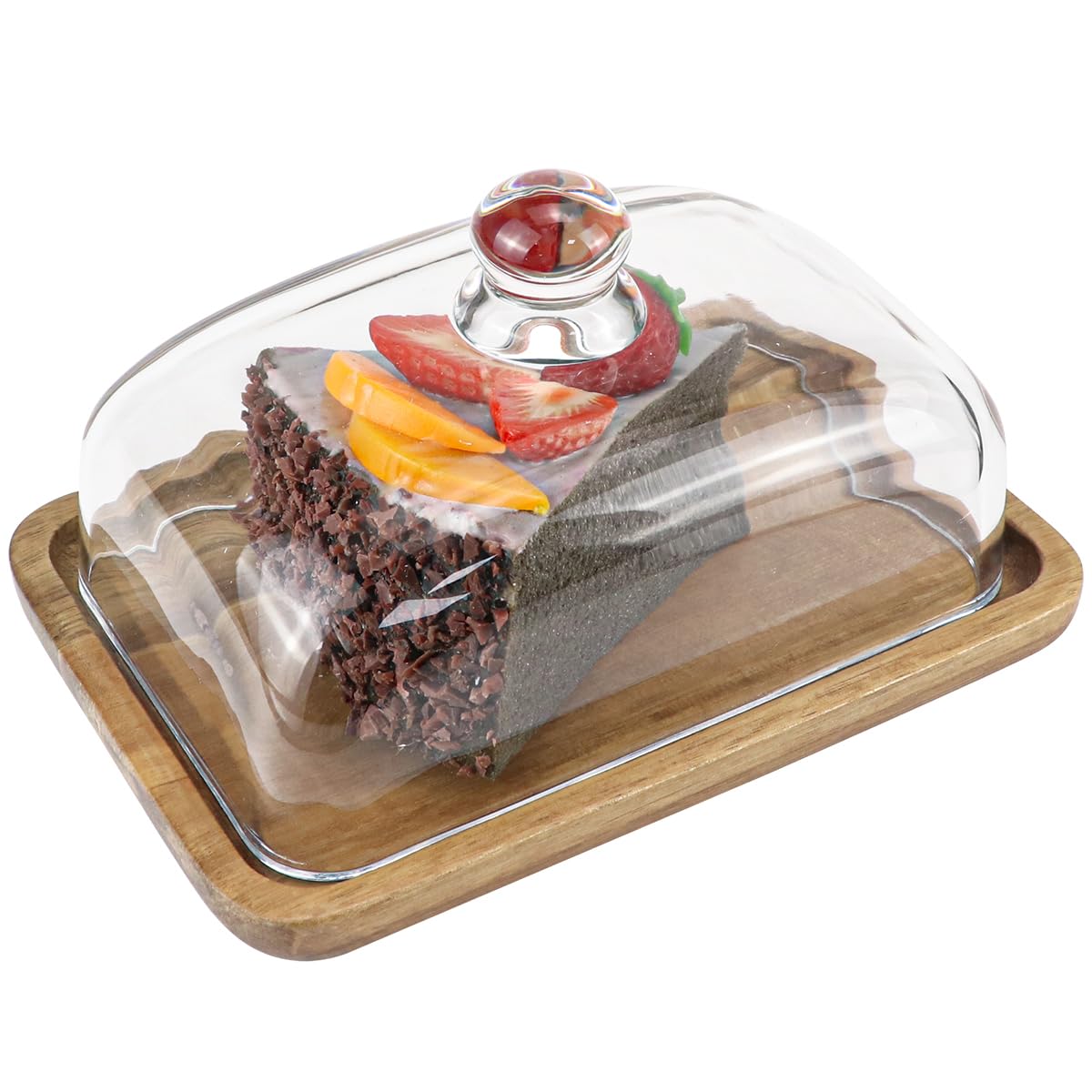 Bamboo Butter Dish with Glass Lid Glass Dessert Tray Clear Cheese Plate for Thanksgiving Christmas New Year, 7.4x4.9 Inch