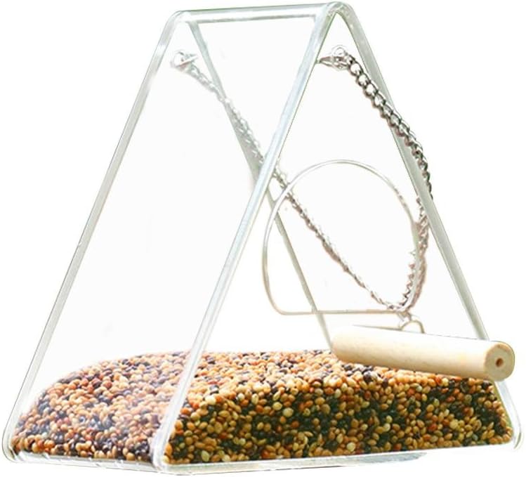 Clevoers Pet Bird Feeder with Stand Parrot Food Feeder Hanging Cage for Parakeet Hanging Feeding Outdoor, Perspex Squirrel Window Bird Feeder Glass Viewing Bird Feeding