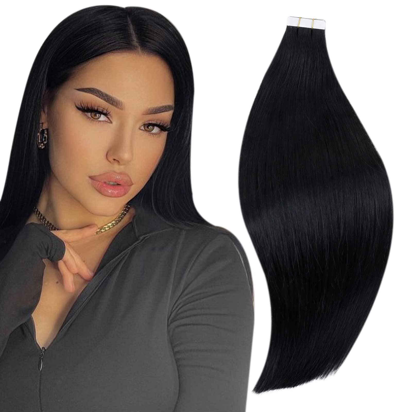 RUNATURE Black Tape in Hair Extensions Human Hair 22 Inch Tape Hair Extensions Real Human Hair Jet Black Tape Hair Extension Invisible Straight Hair 20pcs 50g #1 — image 1