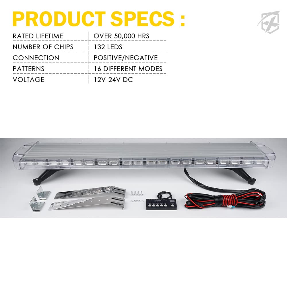 Xprite 48 Inch LED Rooftop Emergency Strobe Warning Lights Bar w/Adjustable Mounting Brackets, for Vehicles, Security, Law Enforcement, Snowplow, Tow Trucks, Crane, Construction Cars - White Amber