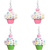 Seakuur 2 Pairs Clay Handmade Chocolate Cupcake with Pink Frosting Earrings Resin Creative Kawaii Cake Dangle Earrings Set for Women Simulation Dessert food Jewelry Gifts